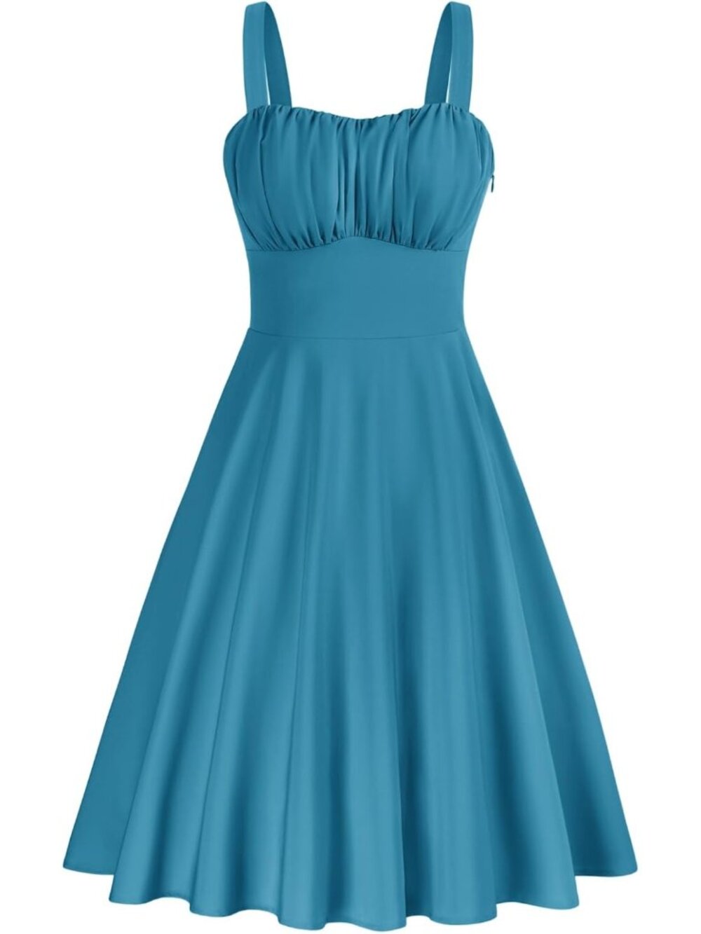 Women's Peacock Blue Spaghetti Strap Sleeveles A-line Midi Cocktail Party Dress